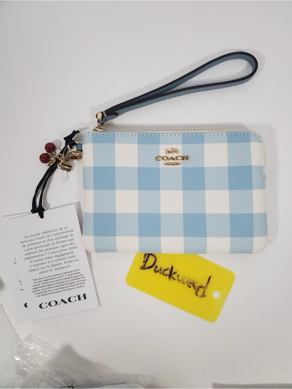 Coach Blue Gingham Wristlet Pouch with Cherry charm NWT